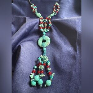 Boho Statement Necklace in Red, Turquoise, and Black